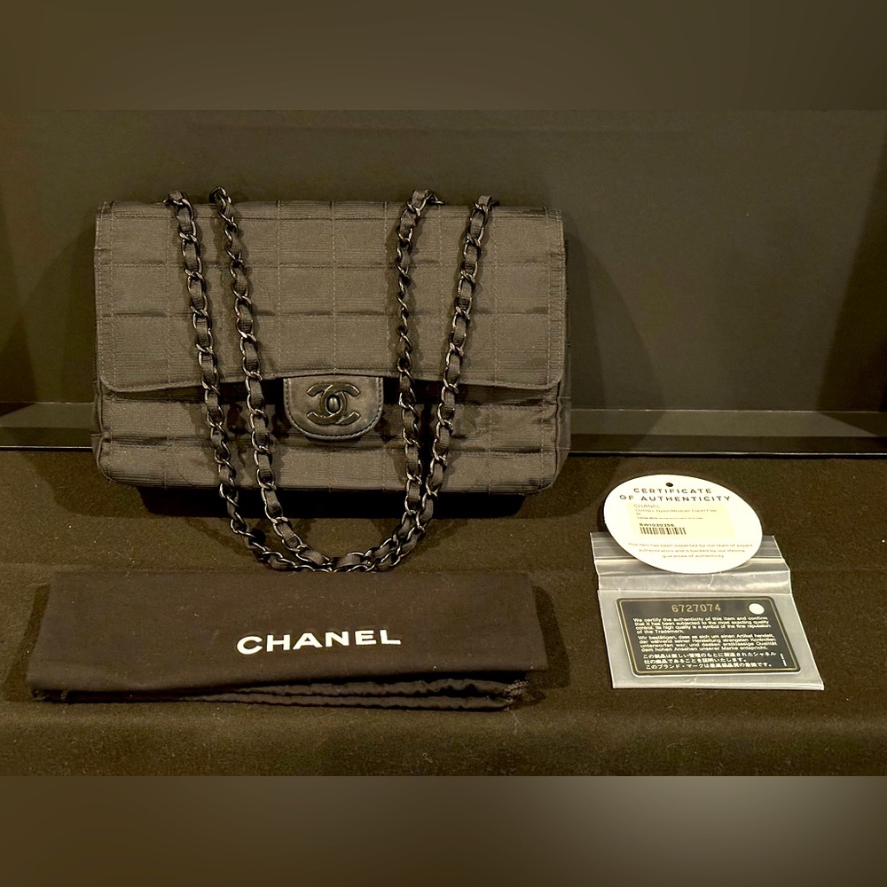 Chanel New Travel Line Chain Shoulder Bag Black Nylon Jacquard Leather Women's